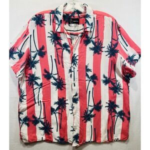 Original Use Open Collared Button Rayon Shirt Men's XL Salmon Navy PalmTree Soft